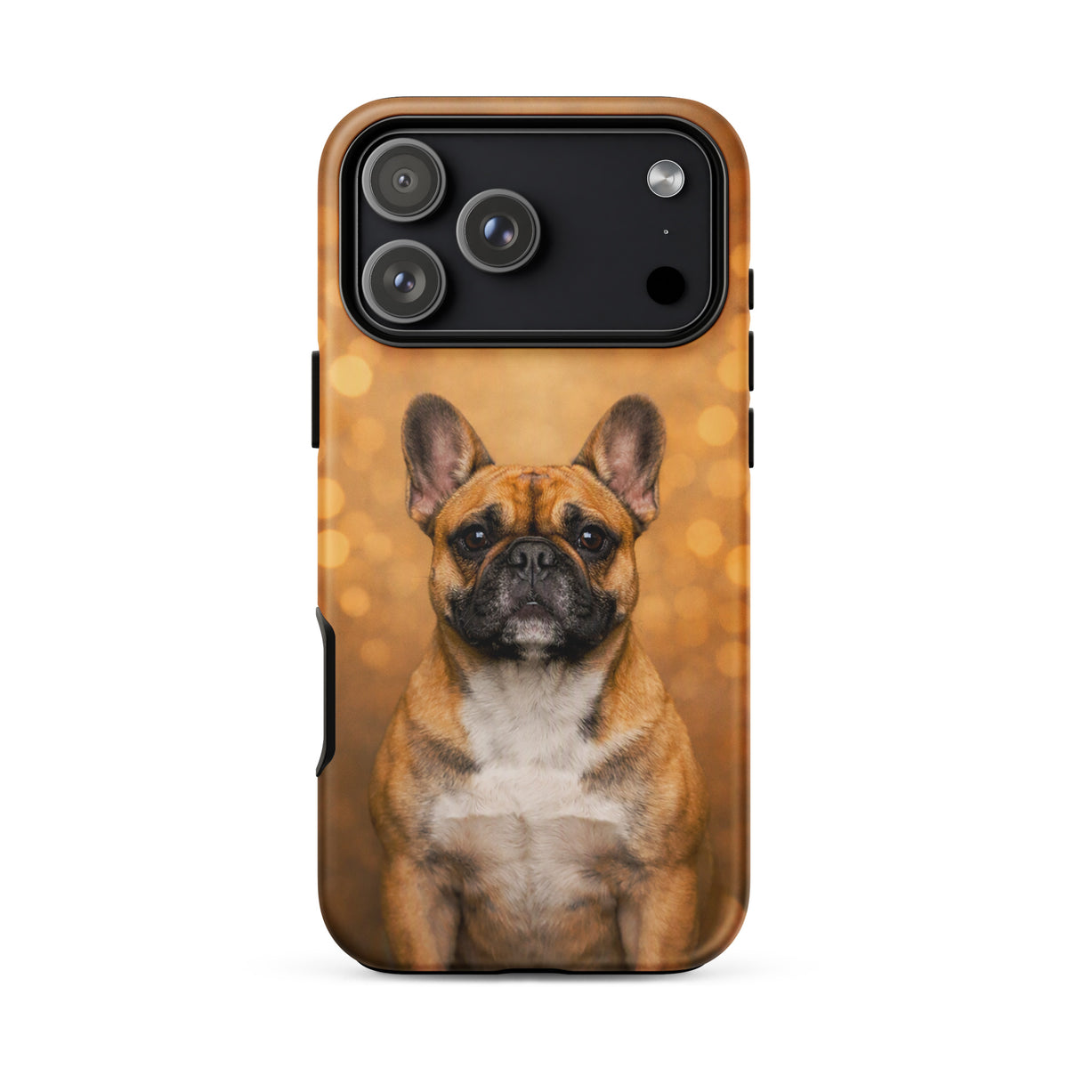 Phone Case for iPhone featuring French Bulldog portrait with golden bokeh background, Warm Glow Edition, adds charm and character to your device.