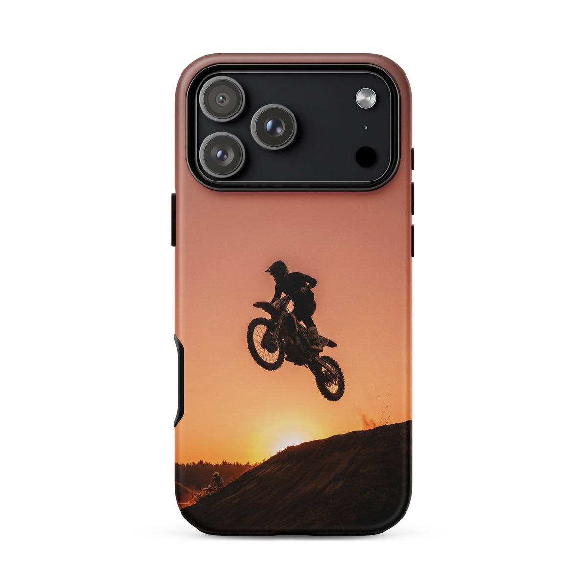 Phone Case for iPhone with motocross sunset design featuring a dirt bike jump against a glowing orange background.