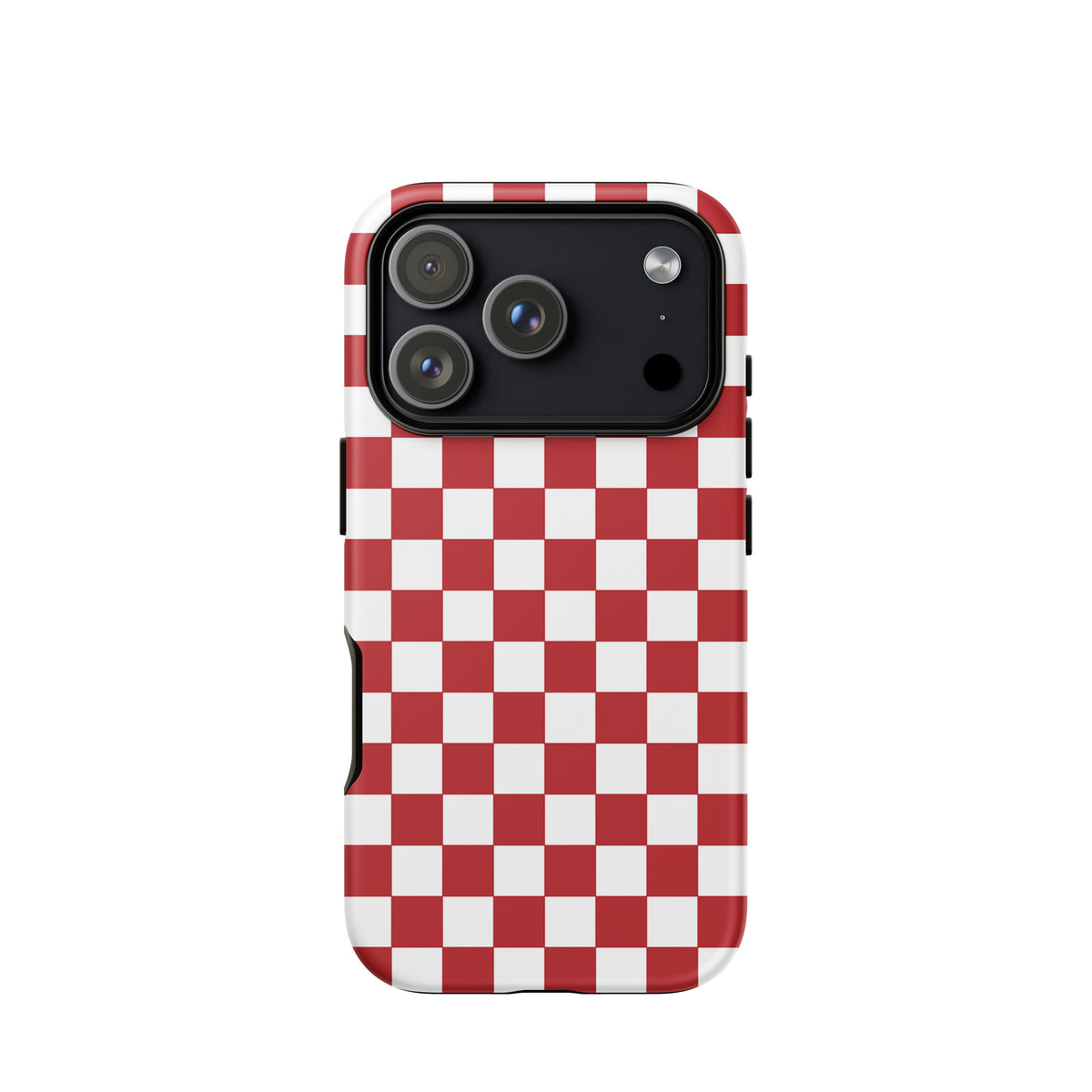 Phone Case for iPhone with crimson red checkered design, stylish accessory adding personality and playful vibe to your device.