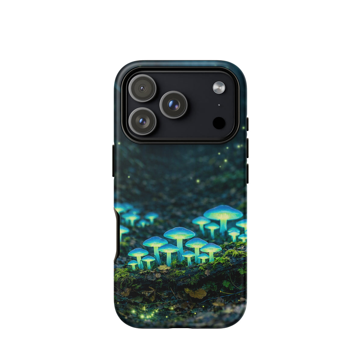 Phone Case for iPhone with glowing forest mushrooms, featuring ethereal bioluminescent fungi in a misty woodland design.