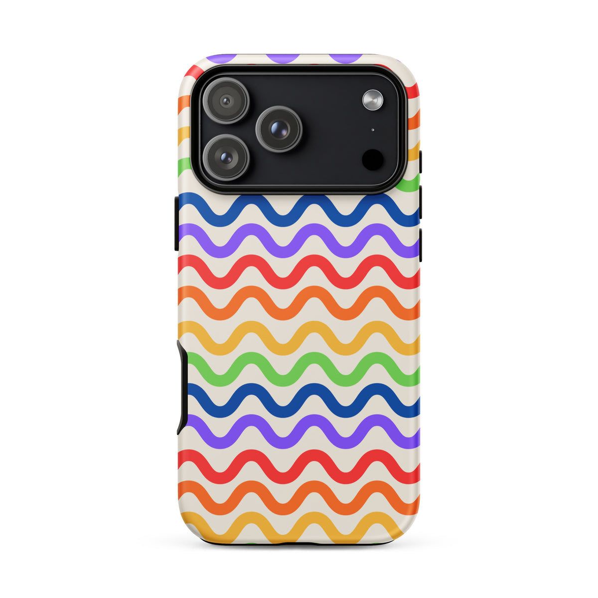Phone Case for iPhone with wavy rainbow design in purple, red, orange, yellow, green, and blue on white backdrop.