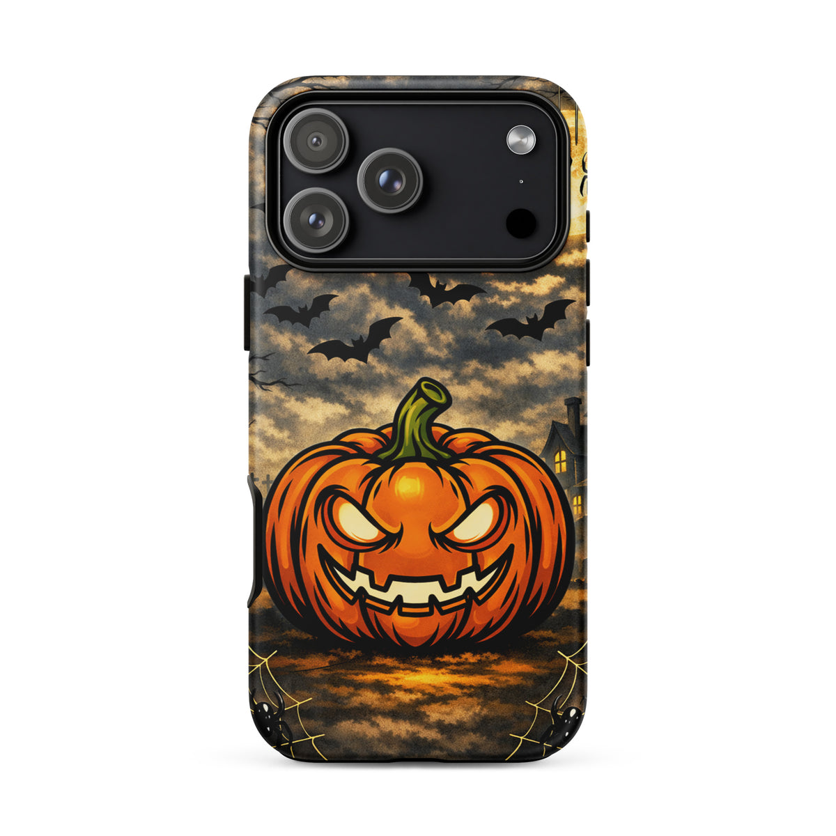 Phone Case featuring Halloween design with jack-o’-lantern, bats, and haunted house, perfect for iPhone lovers.