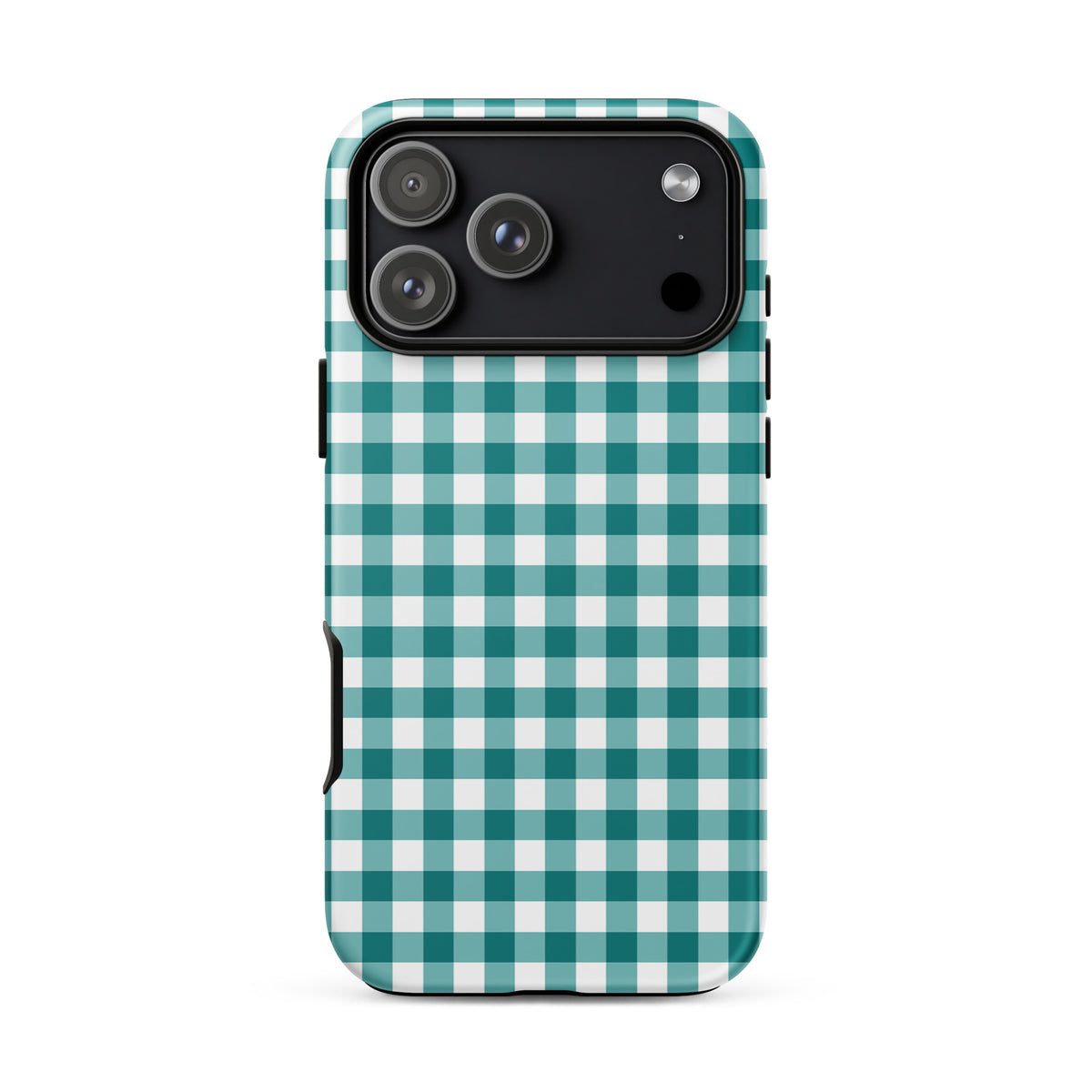Teal-and-white gingham Phone Case for iPhone offers stylish protection with a charming, luxury feel.