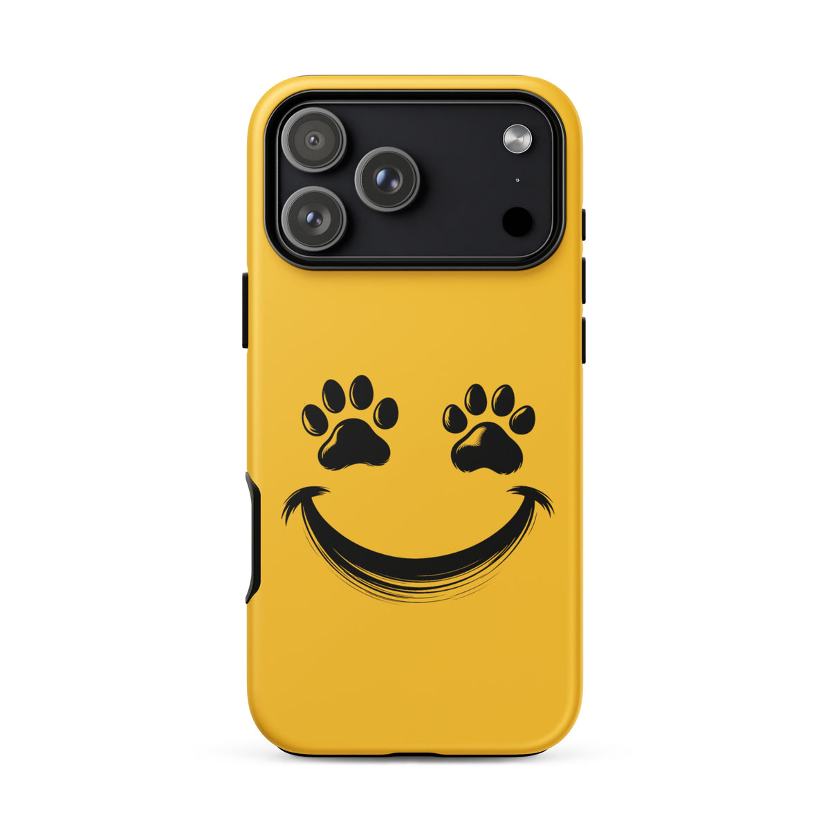 Phone Case with smiley face and paw print eyes for iPhone, ideal for playful pet lovers seeking charm and durability.