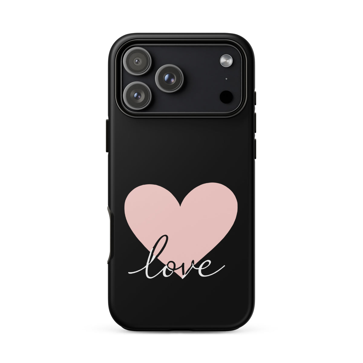 Phone Case for iPhone with pink heart and script love design on black background, offering romantic minimalist style and protection.