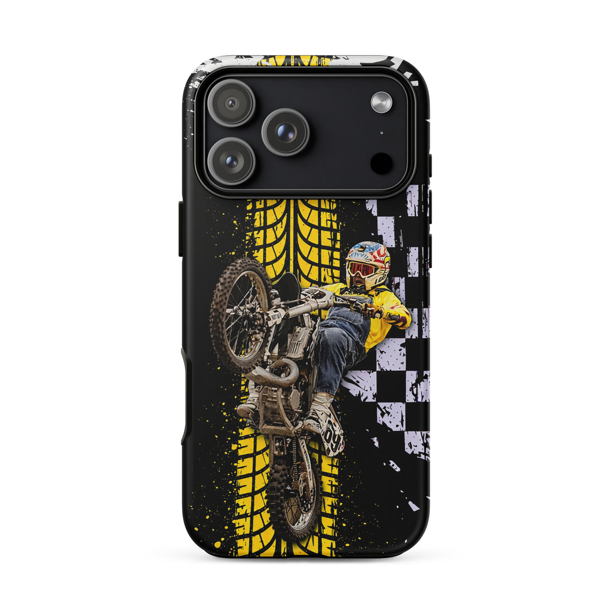 Phone Case for iPhone featuring Ronnie Mac air-wheelie with motocross design, black, white, yellow checkerboard, and tire pattern.