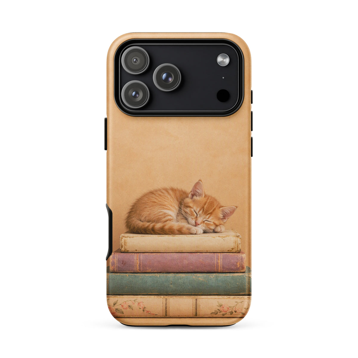 Phone Case for iPhone with sleeping kitten on vintage books, featuring cozy design with warm colors and adorable cat illustration.