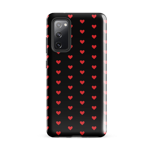 Phone Case for Samsung Galaxy featuring a bold pattern of fiery red hearts on a black background.