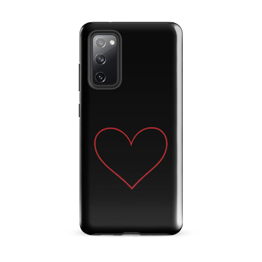 Phone Case for Samsung Galaxy featuring a minimalist crimson heart design on a sleek black background.