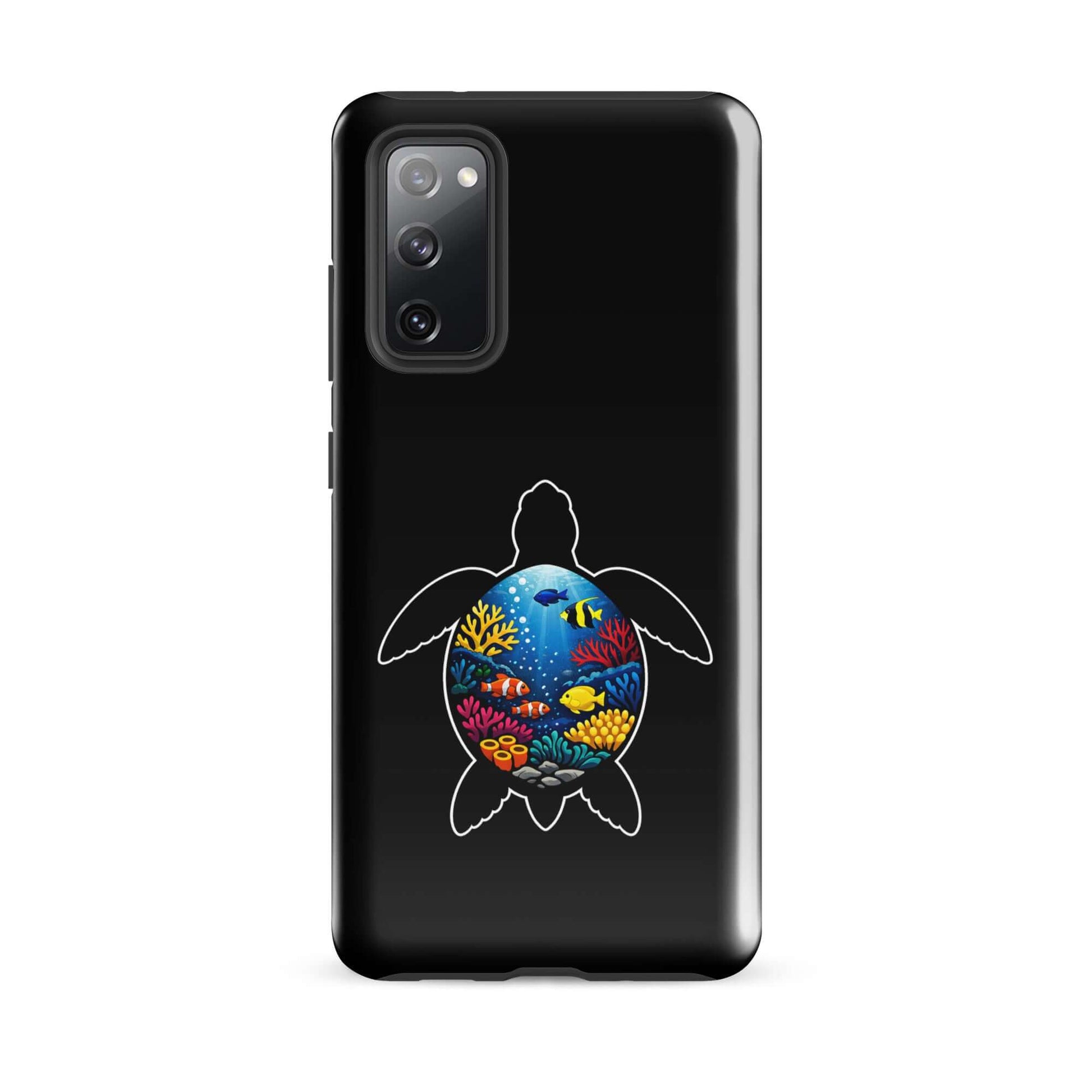 Phone case for Samsung Galaxy featuring vibrant sea turtle reef design and coral colors.