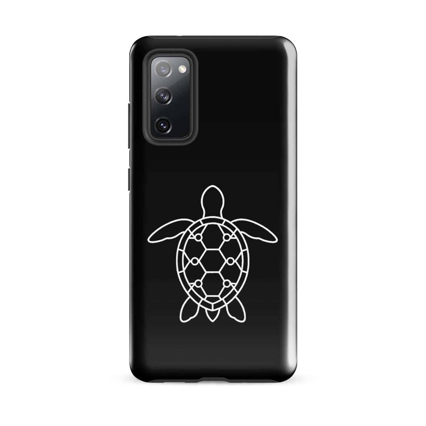 Phone case for Samsung Galaxy featuring a minimalist sea turtle silhouette design in white on a black background.
