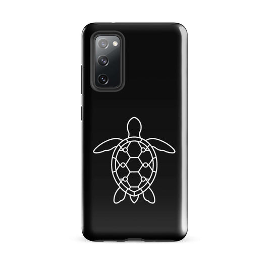 Phone case for Samsung Galaxy featuring a minimalist sea turtle silhouette design in white on a black background.