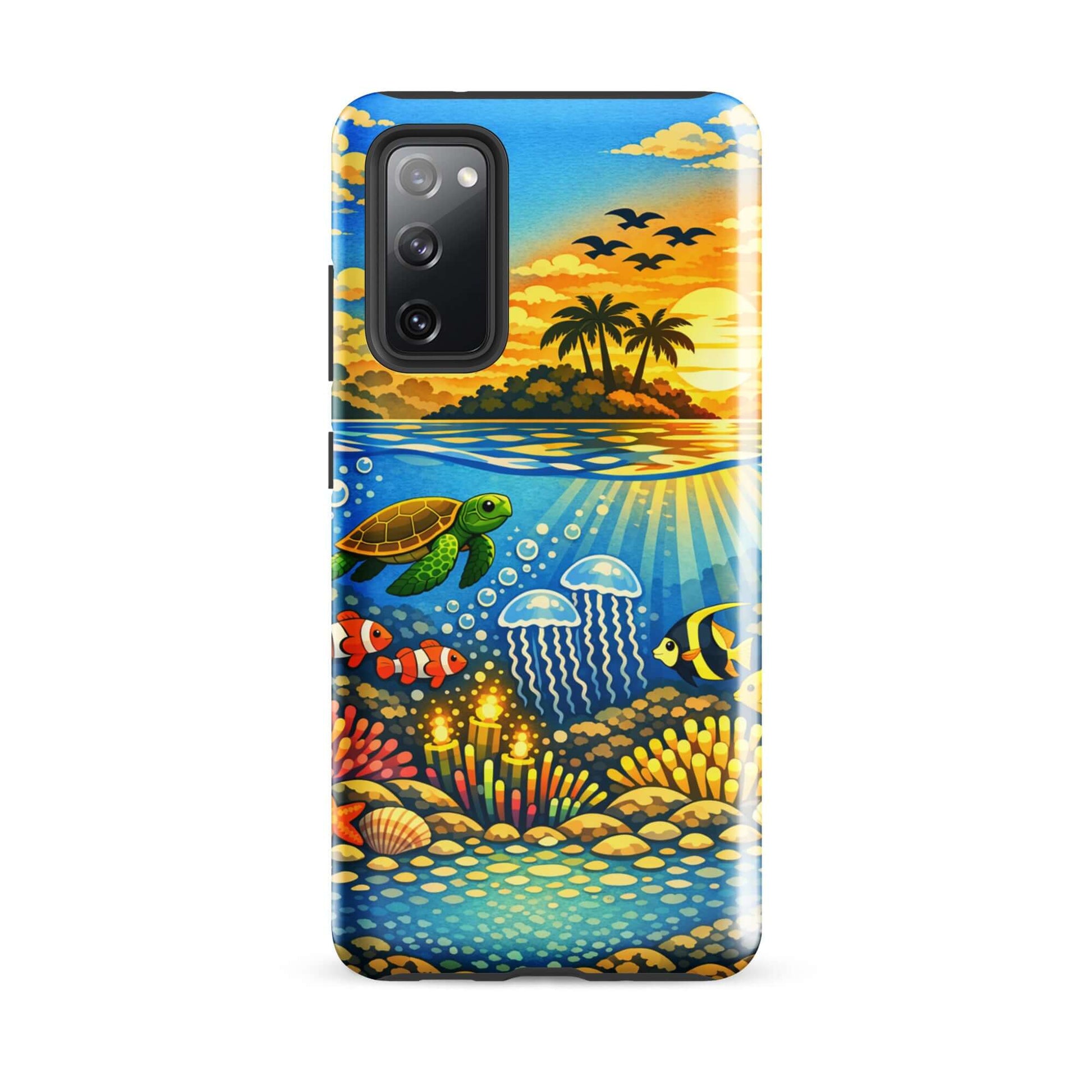 Vibrant Phone Case for Samsung Galaxy featuring tropical sunset and underwater reef with sea turtles and colorful fish.