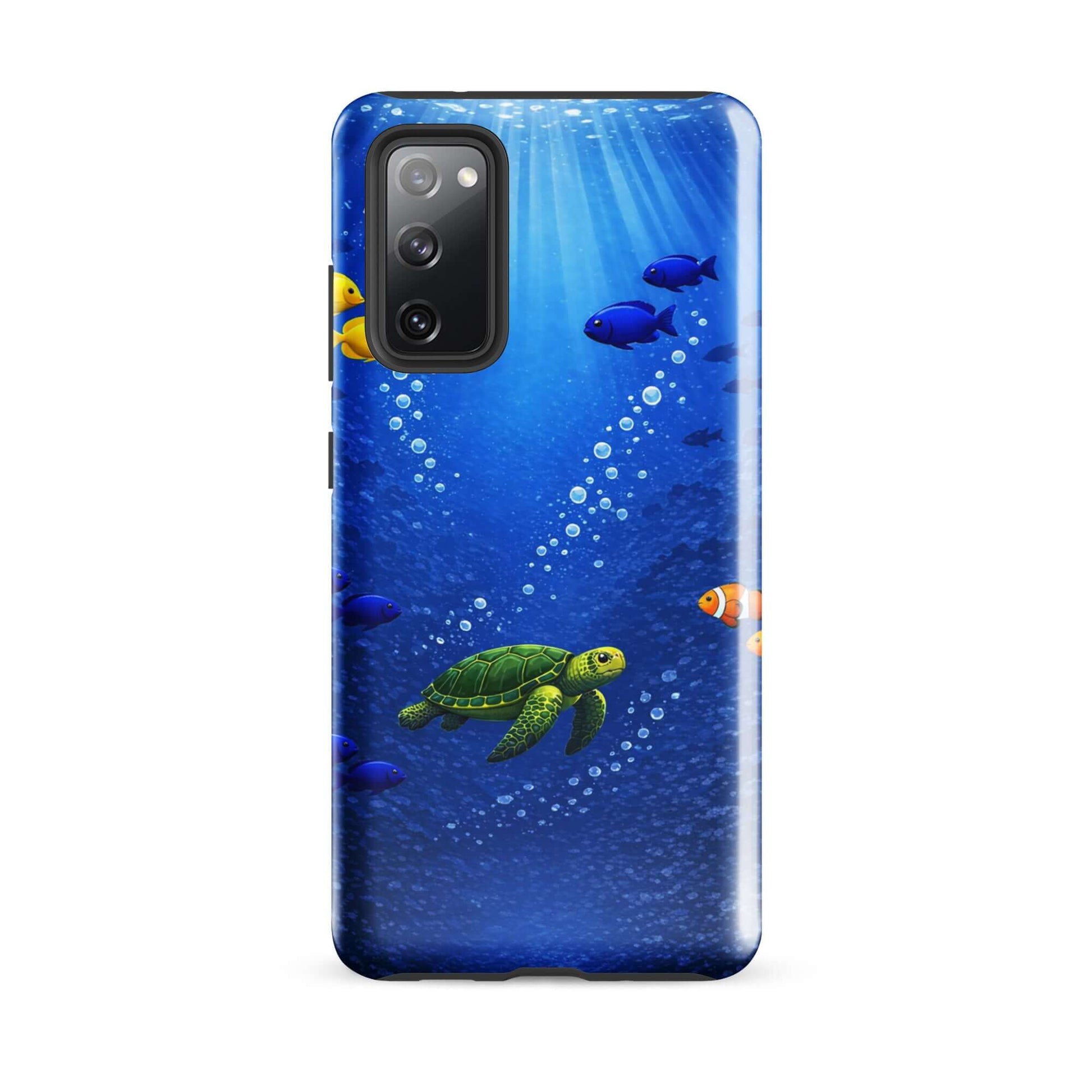 Phone Case featuring a vibrant sea turtle design surrounded by fish in deep blue water.