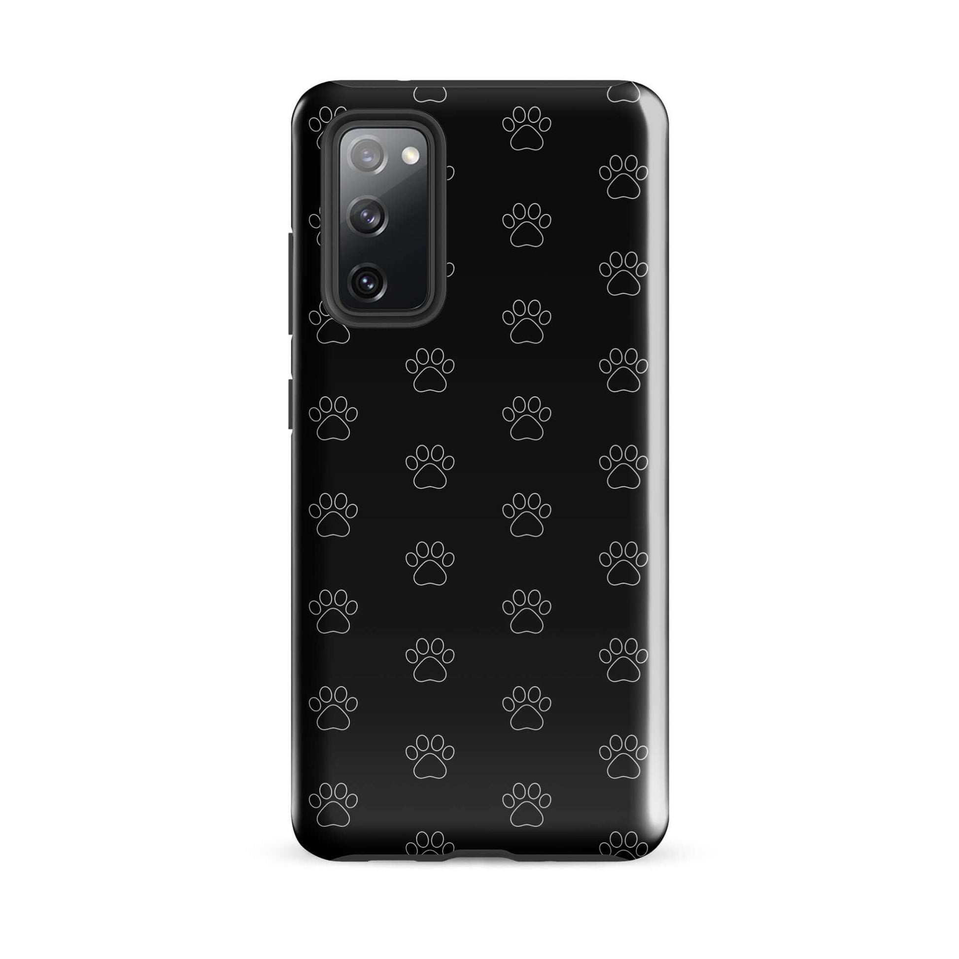 Phone Case for Samsung Galaxy with playful black paw print pattern, perfect for pet lovers.