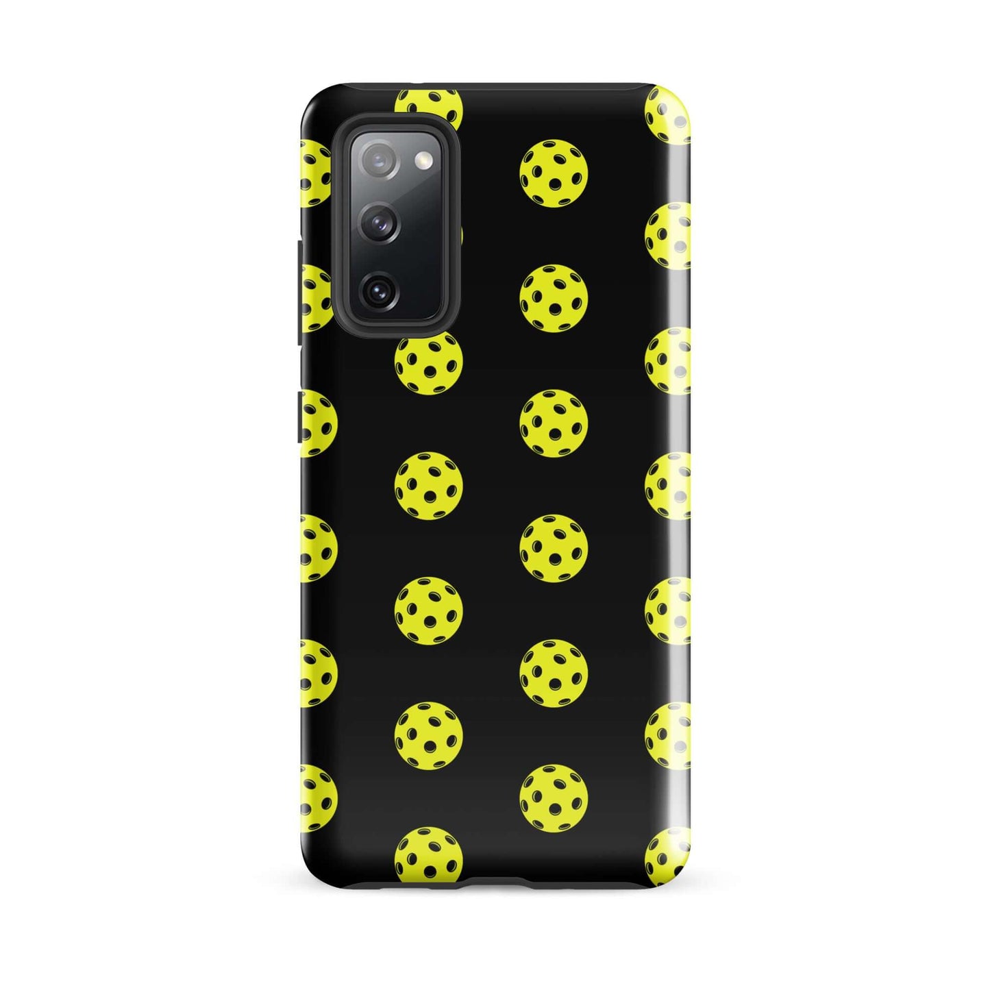 Phone Case for Samsung Galaxy featuring a playful pickleball pattern in yellow and black.