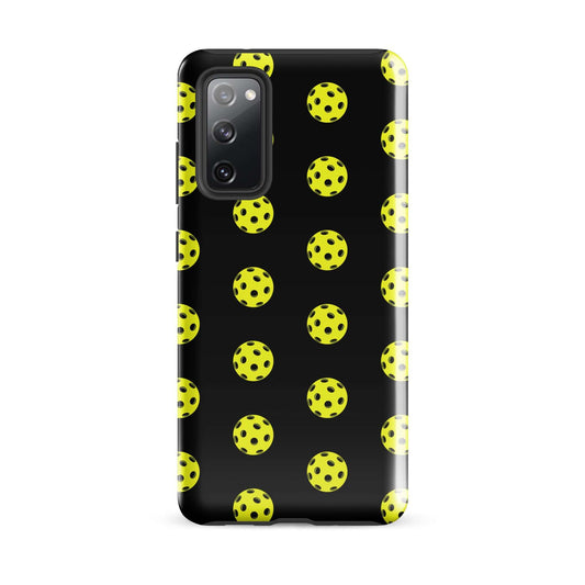 Phone Case for Samsung Galaxy featuring a playful pickleball pattern in yellow and black.