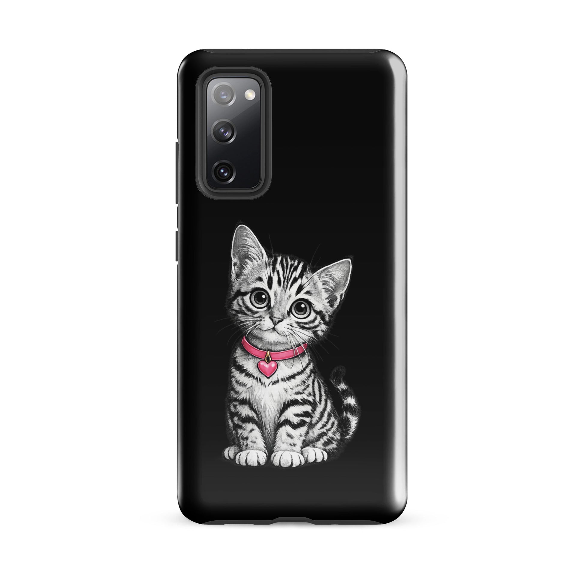 Phone Case for Samsung Galaxy with kitten design and pink heart charm.