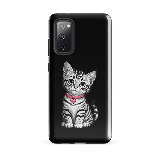 Phone Case for Samsung Galaxy with kitten design and pink heart charm.