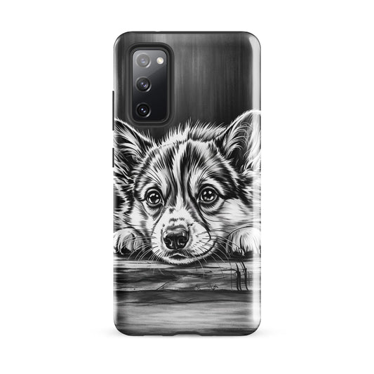 Elegant Puppy Art Phone Case for Samsung Galaxy featuring black-and-white puppy illustration with a luxurious monochrome design.