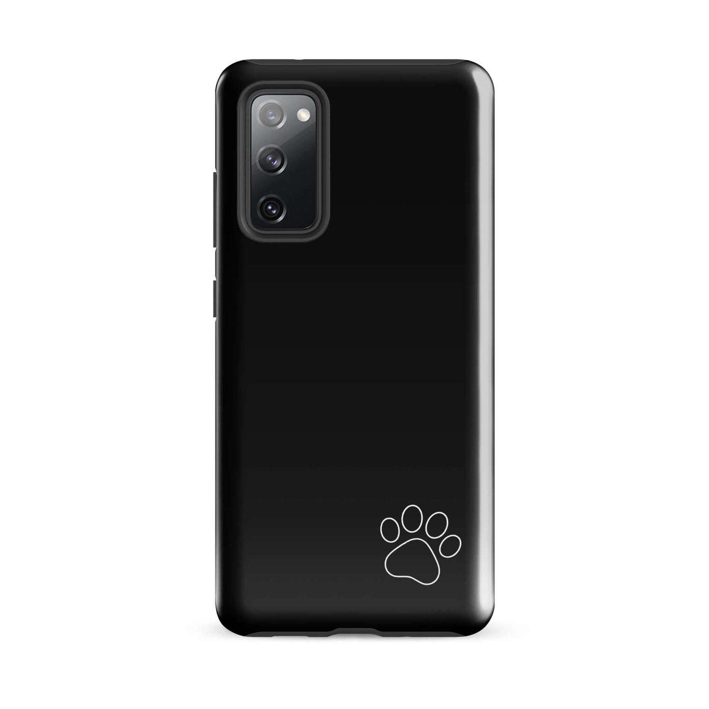 Phone Case for Samsung Galaxy with black minimalist design featuring a white paw print, sleek and protective luxe tough case.
