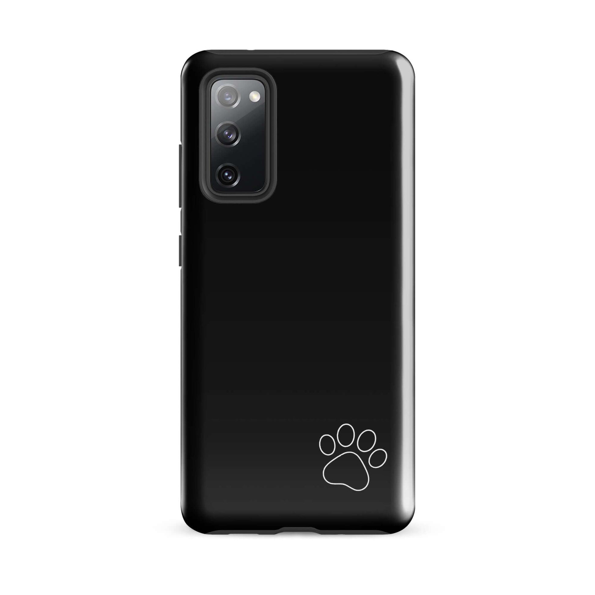 Phone Case for Samsung Galaxy with black minimalist design featuring a white paw print, sleek and protective luxe tough case.