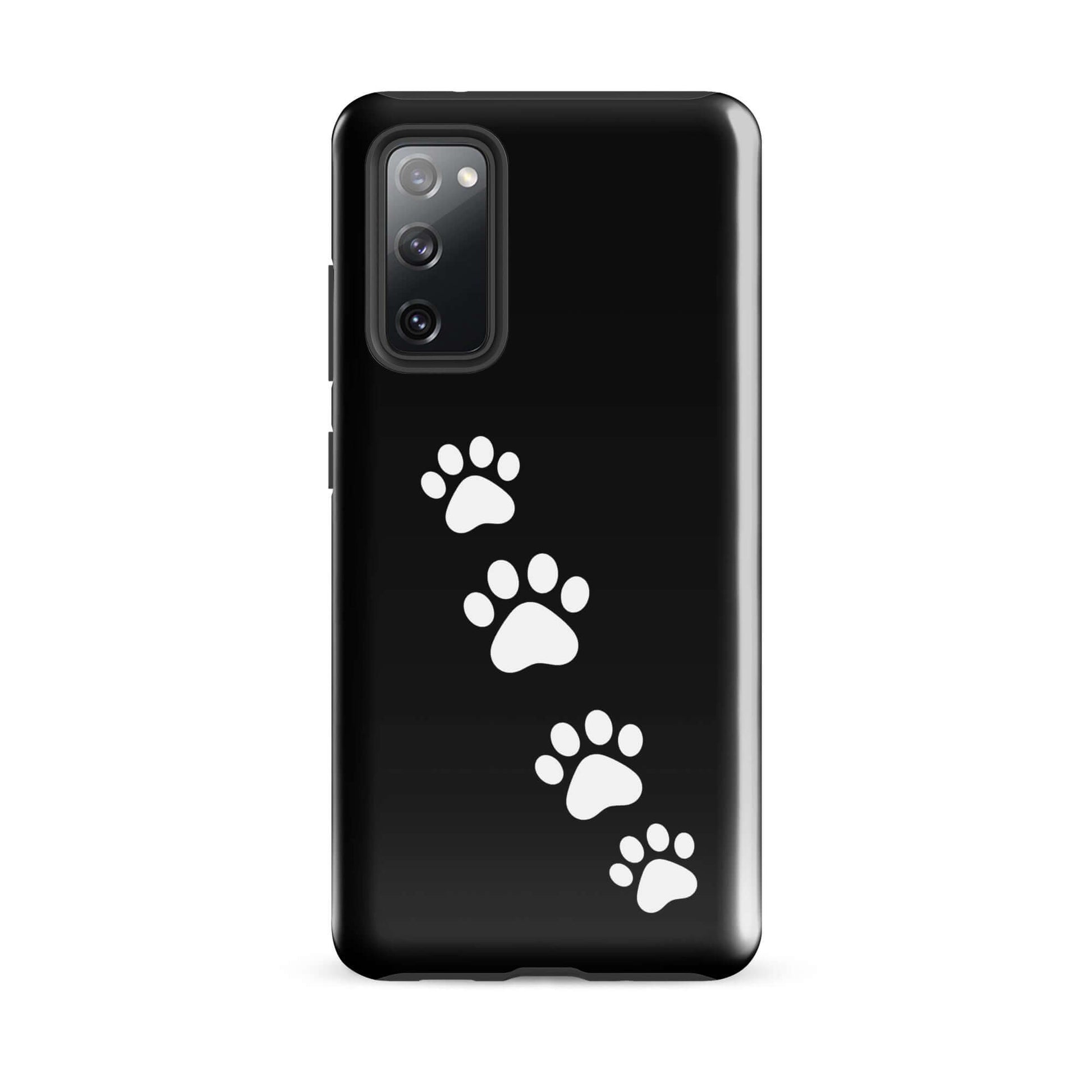 Phone case for Samsung Galaxy with white paw-print trail design on black background, ideal for pet lovers.