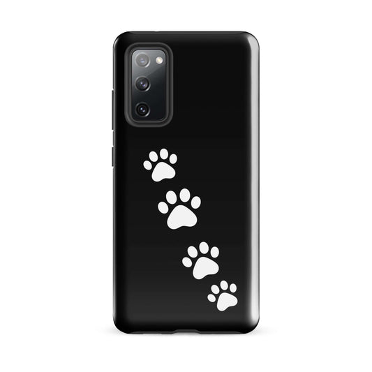 Phone case for Samsung Galaxy with white paw-print trail design on black background, ideal for pet lovers.