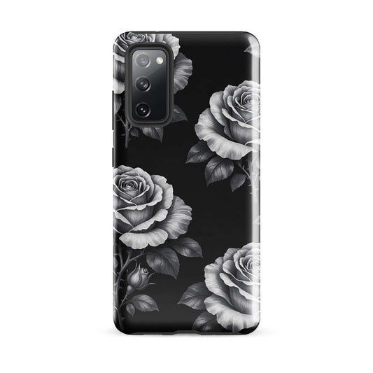Phone Case for Samsung Galaxy with rose pattern on black background, elegant floral design, Rose Garden Tough Case from the collection.