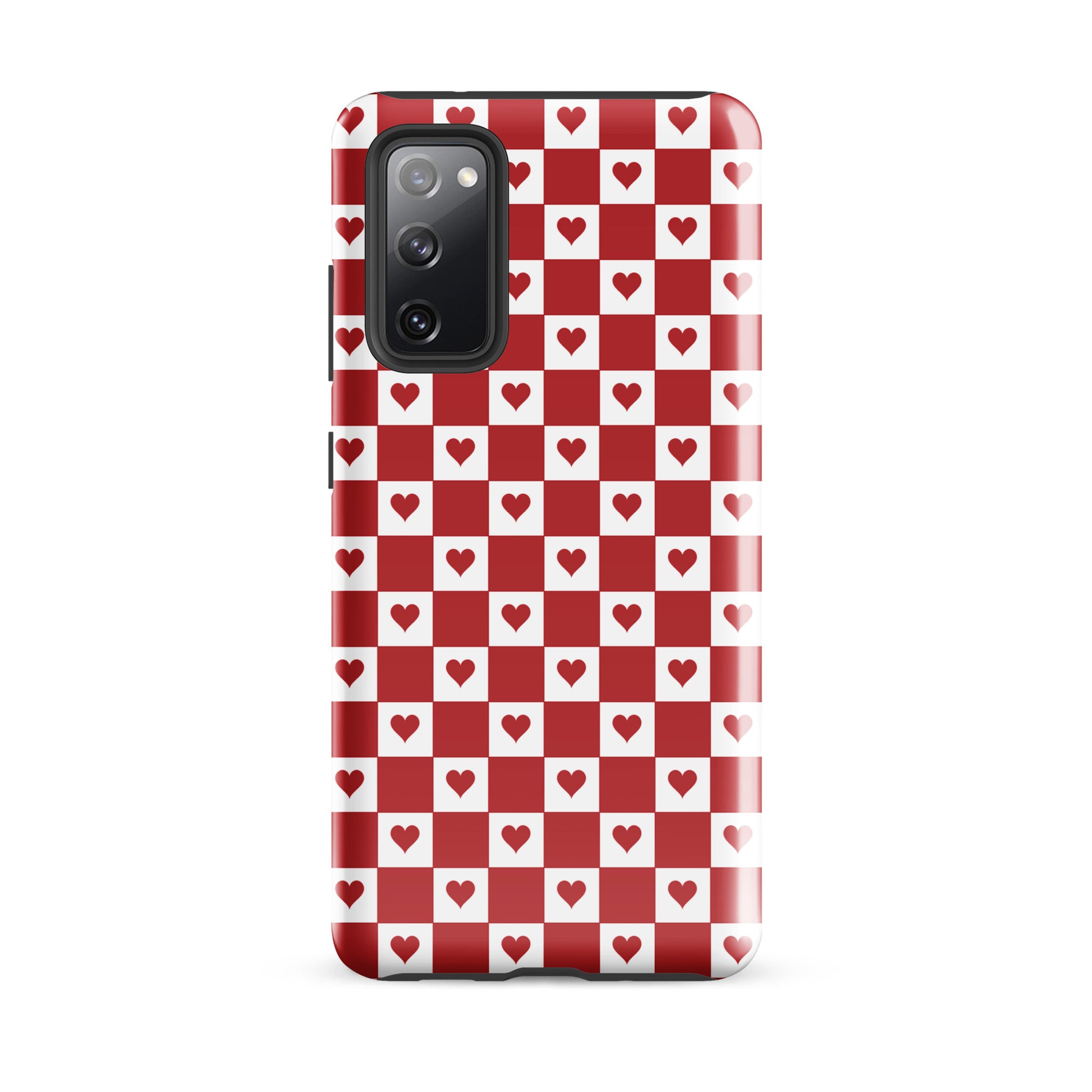 Phone Case with cute red heart checkered design for Samsung Galaxy, featuring charming red hearts on a white and red checkered pattern.