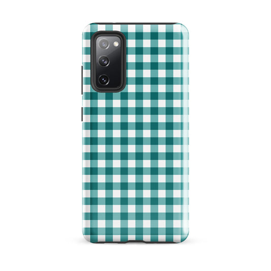 Phone Case for Samsung Galaxy with teal and white gingham pattern for style and protection.