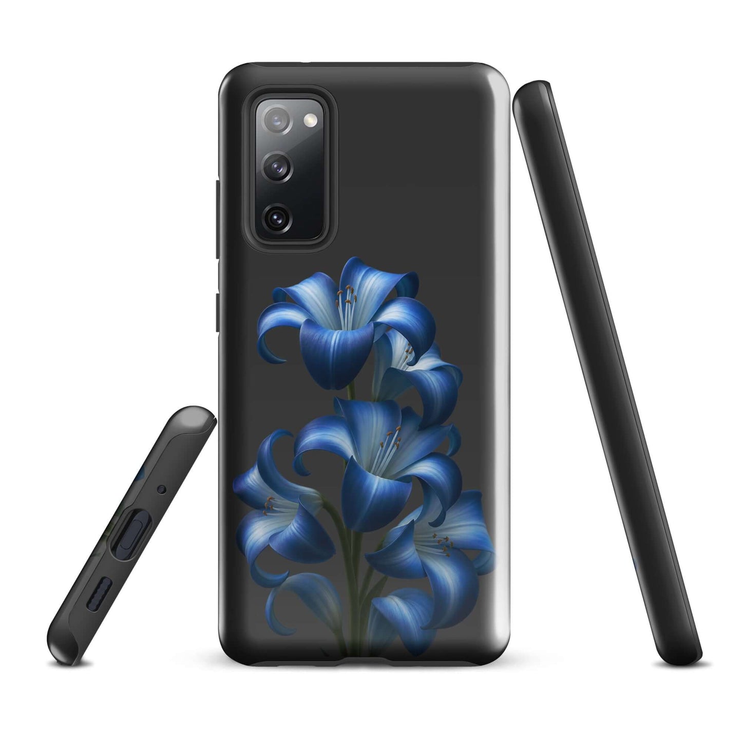 Phone Case for Samsung Galaxy featuring Blue Lily Bloom Art with dual-layer protection on a sleek dark backdrop.