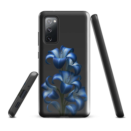 Phone Case for Samsung Galaxy featuring Blue Lily Bloom Art with dual-layer protection on a sleek dark backdrop.