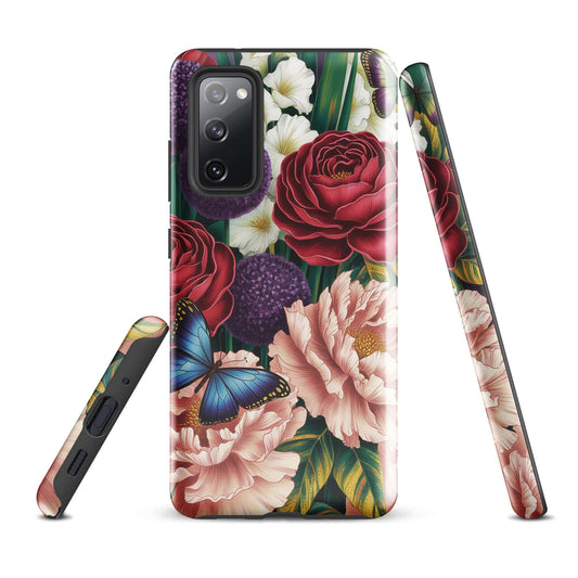 Phone Case for Samsung Galaxy with botanical garden bloom design featuring roses, peonies, alliums, and butterflies.