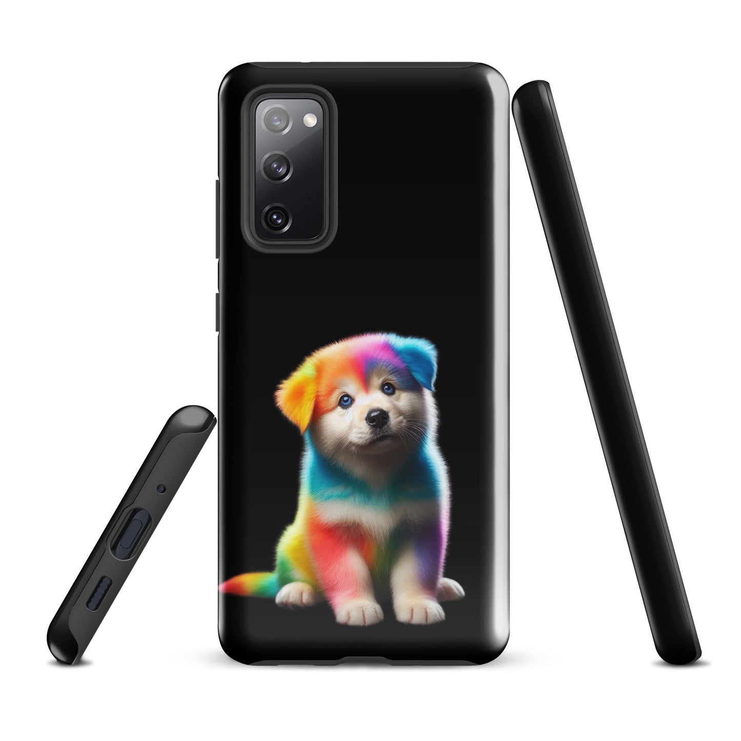 Phone Case for Samsung Galaxy with rainbow puppy design on dark night sky background, showing colorful art and protection.