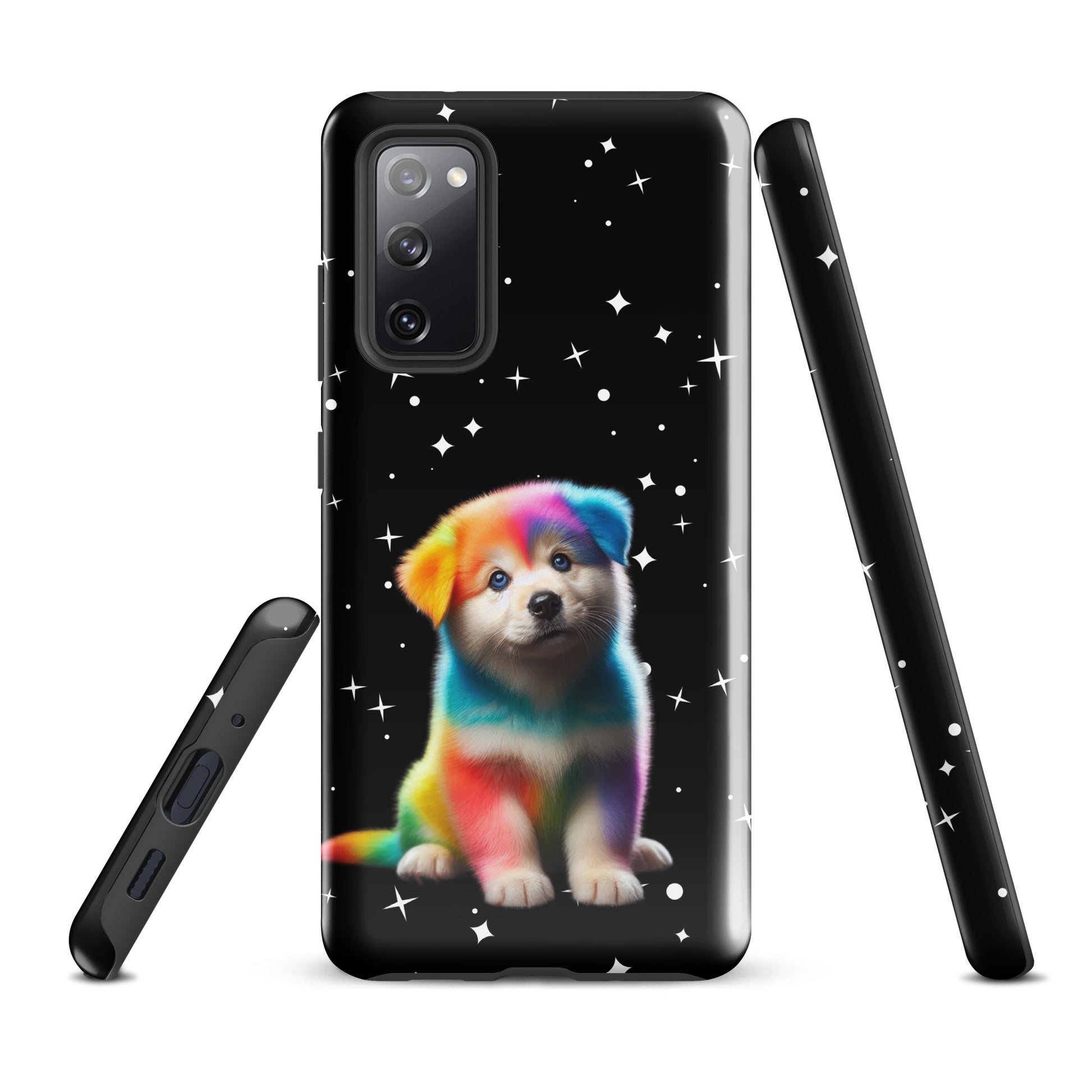 Phone Case for Samsung Galaxy with rainbow puppy and starry night design, showing vivid colors and cosmic sparkle for device protection.