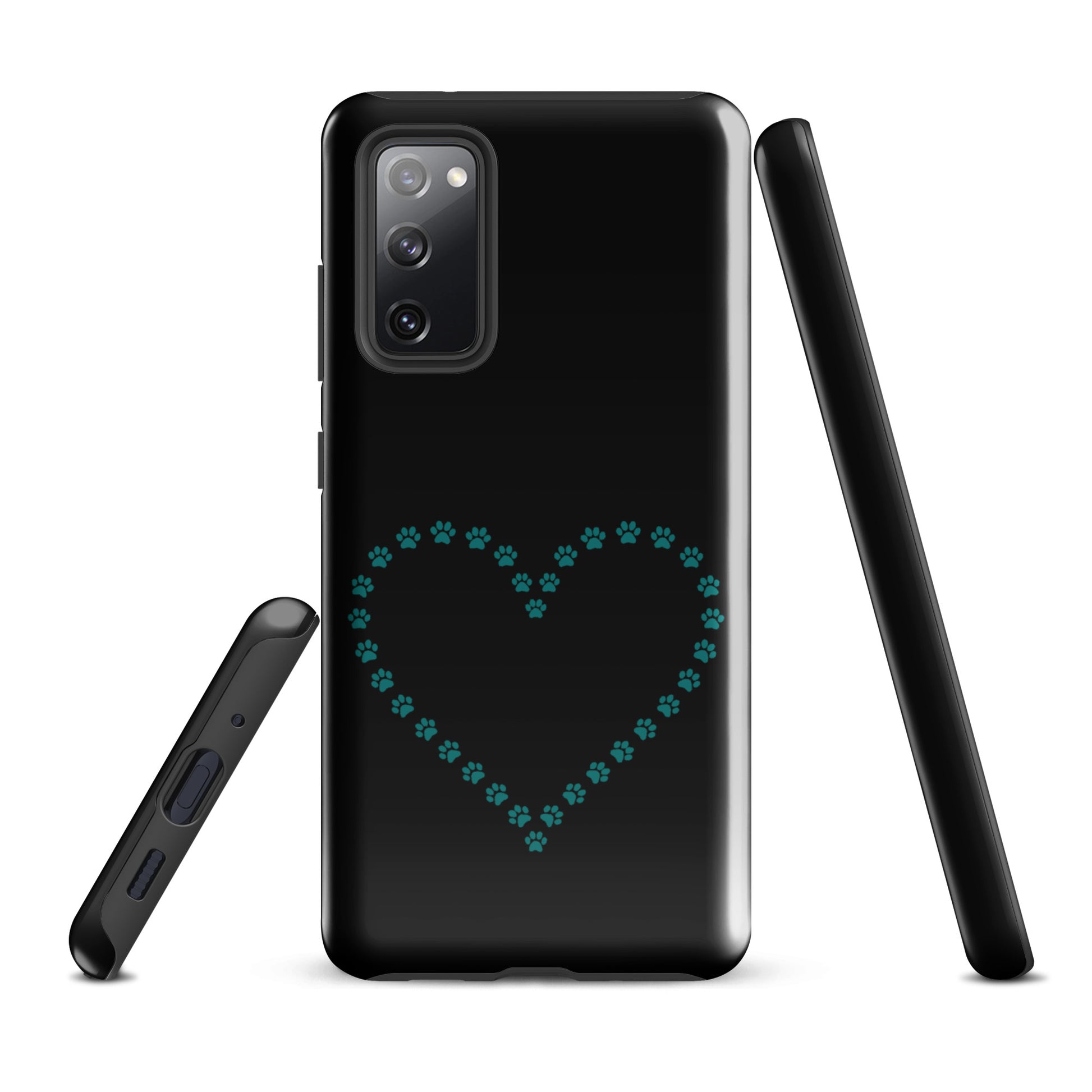 Phone Case for Samsung Galaxy with paw print heart design in black and teal for pet lovers.