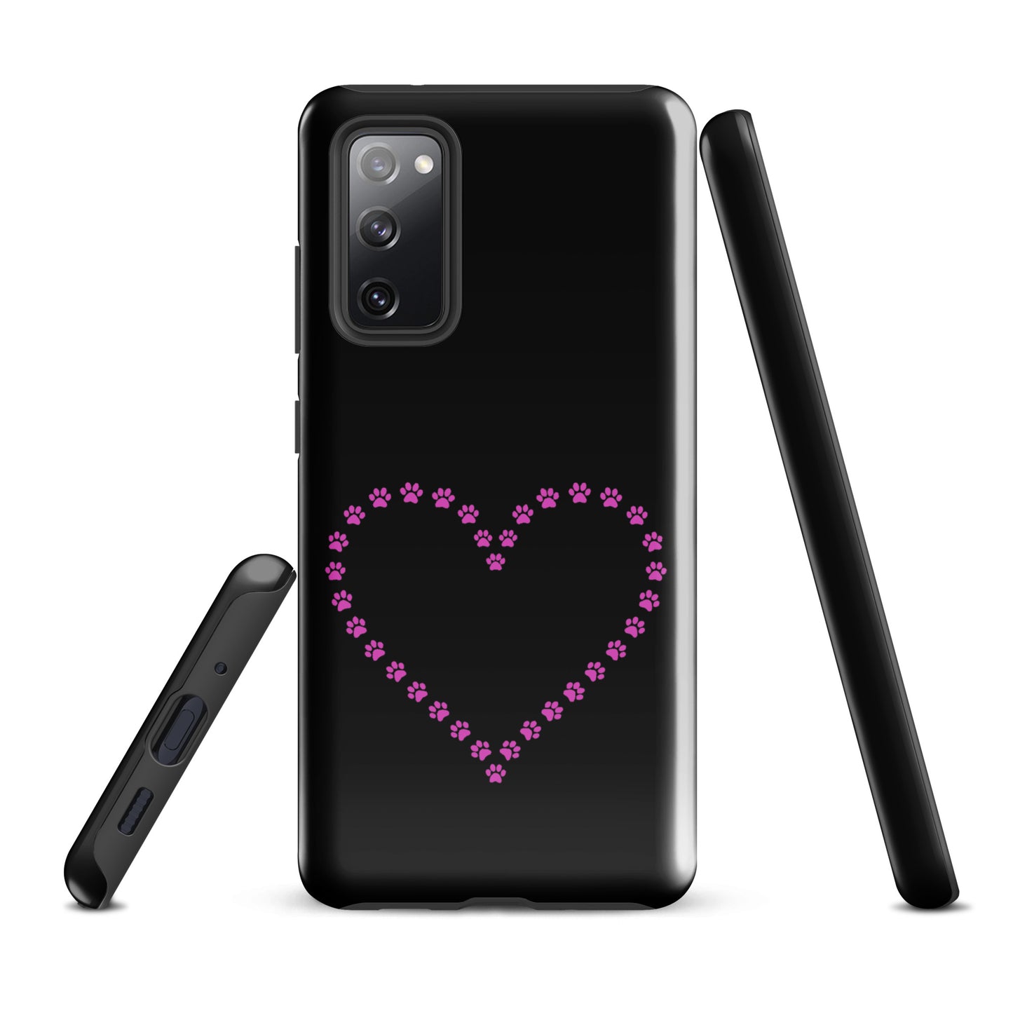 Phone Case for Samsung Galaxy with pink paw print heart design, perfect for pet lovers, durable protection, black/pink.