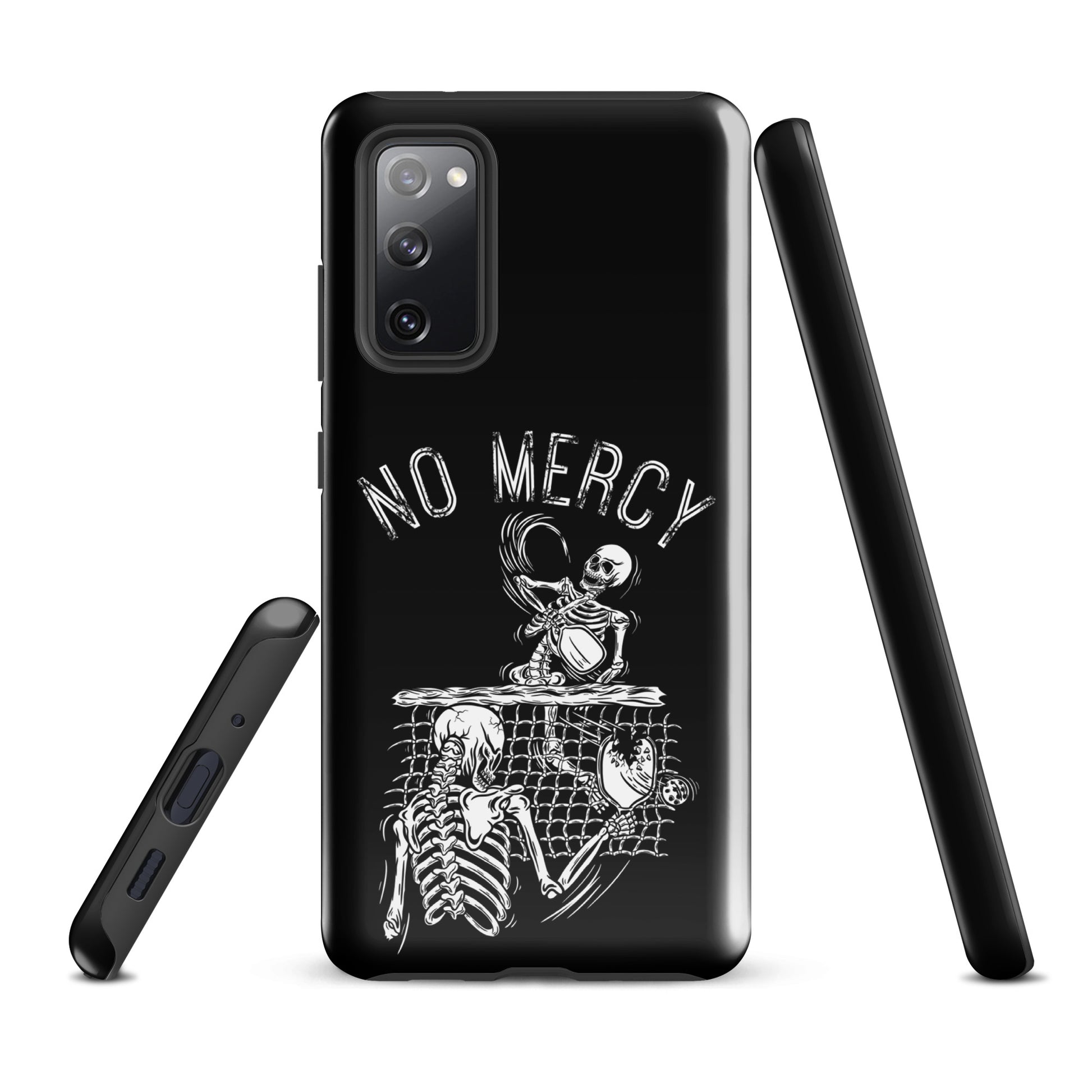 Pickleball Samsung Galaxy Case with 'No Mercy' skeleton design, perfect for aggressive players seeking robust phone protection on the court.