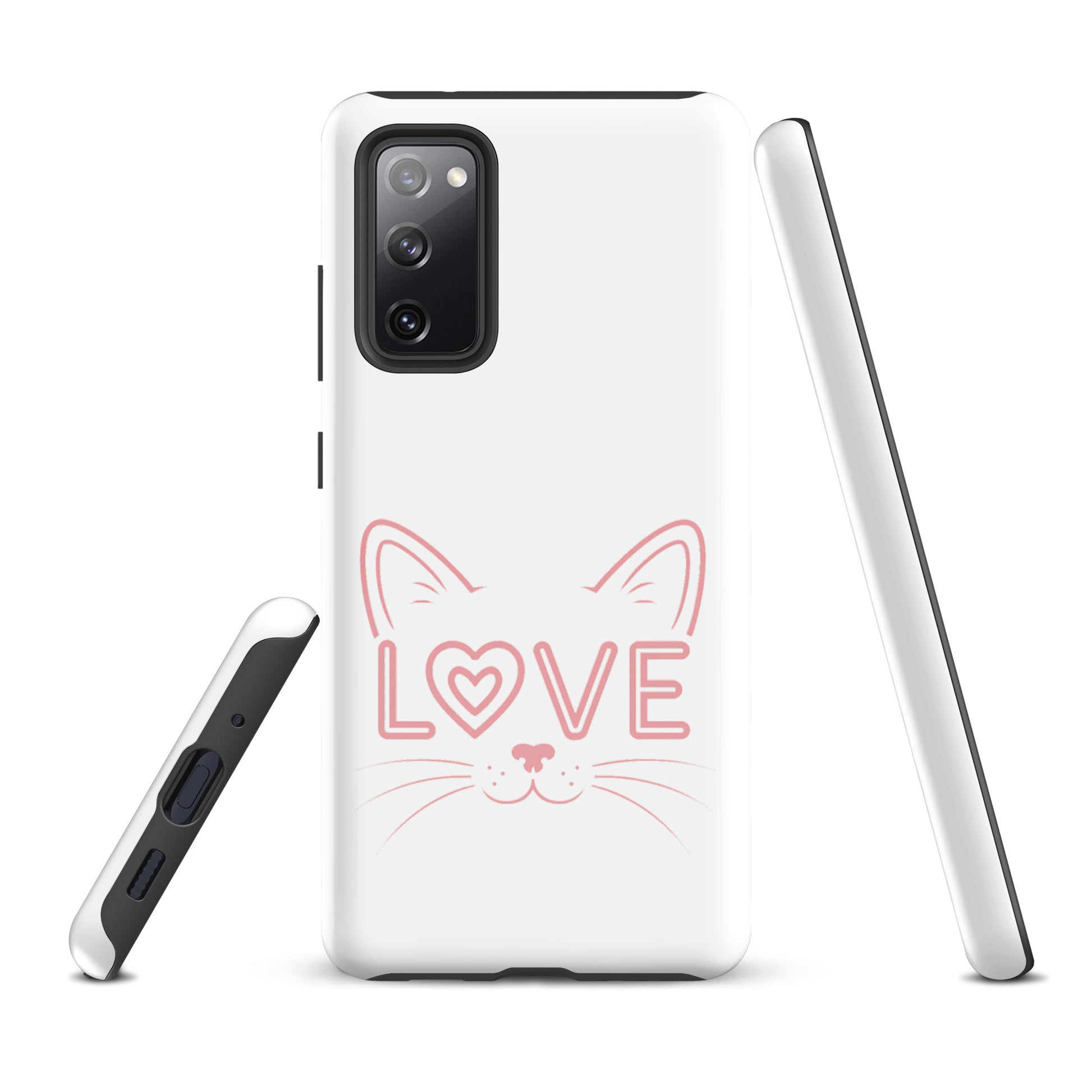 Cat Love phone case for Samsung Galaxy with minimalist cat face and 'Love' design in pink.