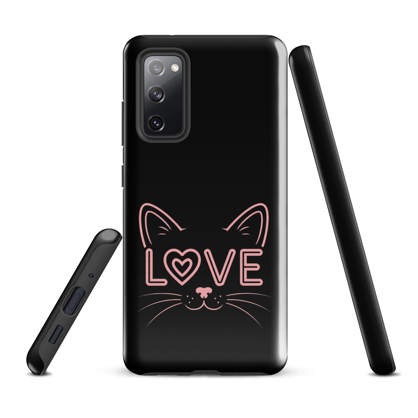 Cat Love phone case for Samsung Galaxy with minimalist cat face and 'love' design, perfect for feline enthusiasts.