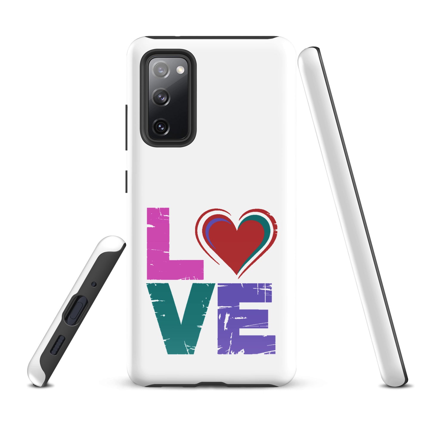 Phone Case Love Dual Layer for Samsung Galaxy featuring heart design and bold 'LOVE' text on white, shown from multiple angles.