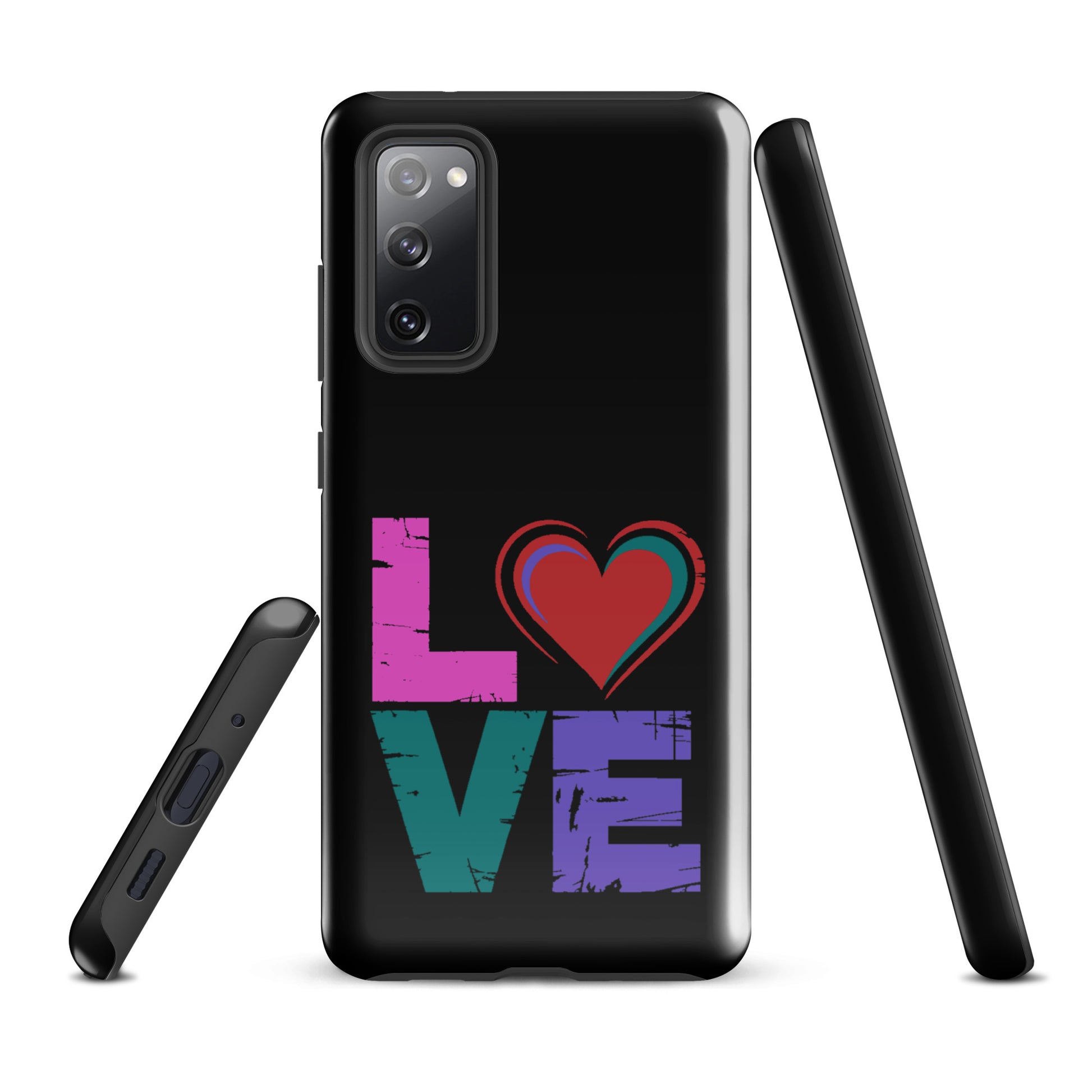 Phone Case: Love Dual Layer for Samsung Galaxy with love design and heart on black case, showing side and back views.