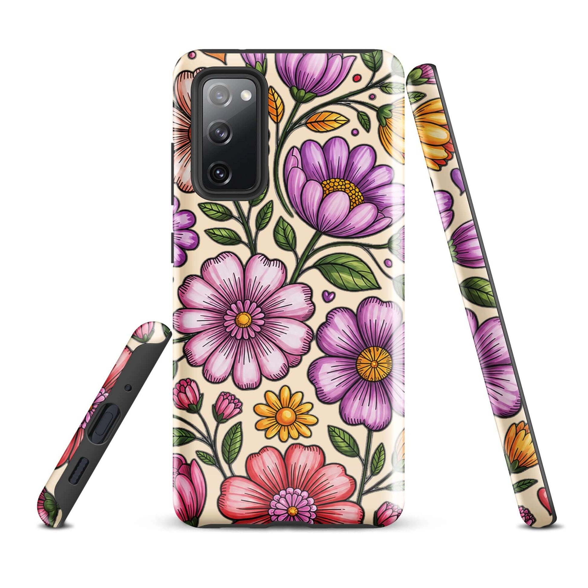 Phone Case for Samsung Galaxy with pastel floral design in pinks, lavenders, yellows on durable polycarbonate, side and back view.