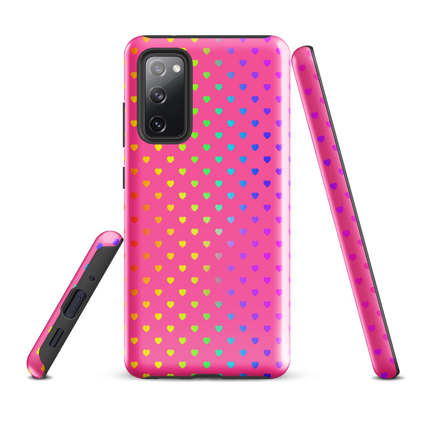 Phone case for Samsung Galaxy with cute rainbow hearts design on pink background, dual-layer protection.
