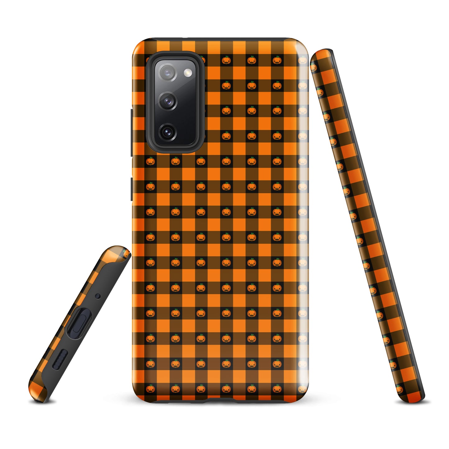 Phone Case for Samsung Galaxy with playful pumpkin gingham Halloween design, featuring jack-o'-lantern patterns in orange and black.