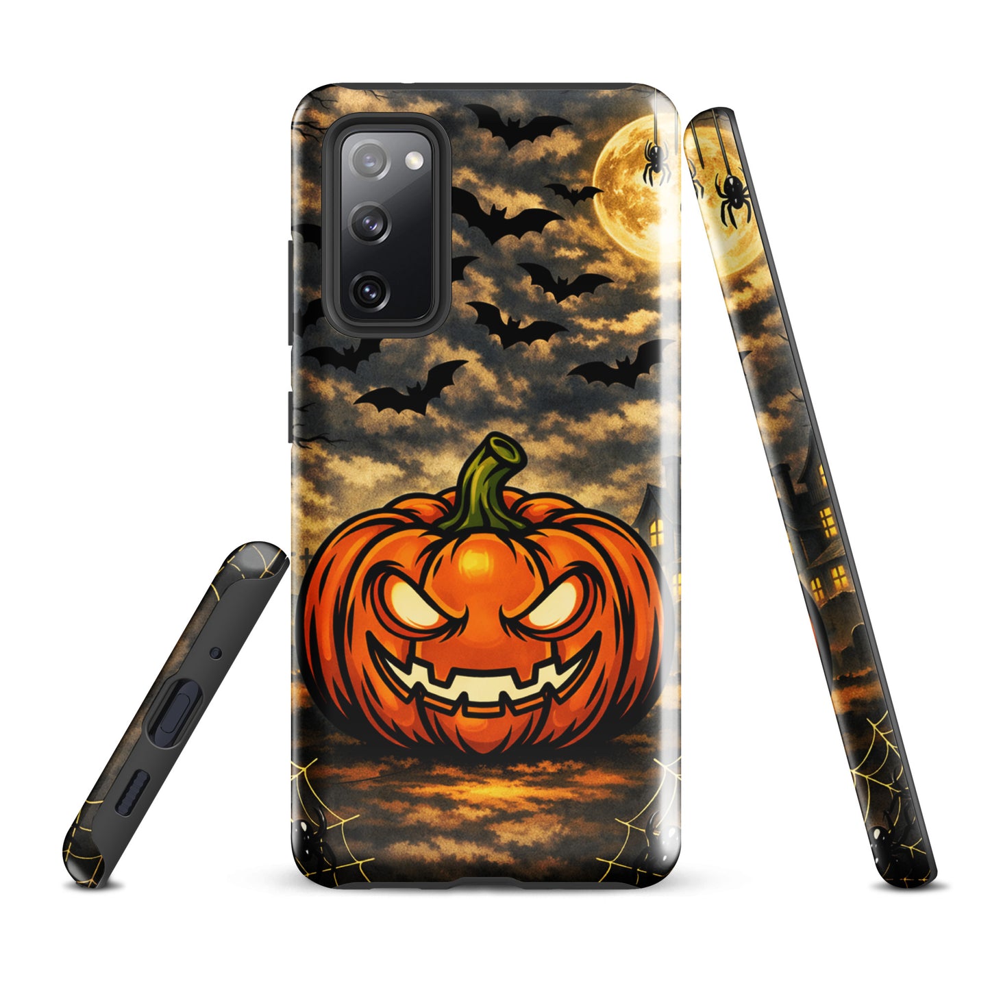 Phone Case for Samsung Galaxy with haunted pumpkin, moonlit Halloween scene, bats, and a spooky house design