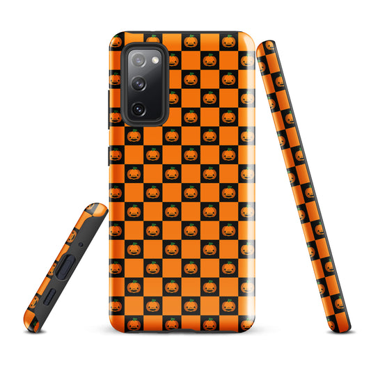 Phone Case for Samsung Galaxy with pumpkin checkered Halloween design, featuring orange and black squares with jack-o’-lanterns.
