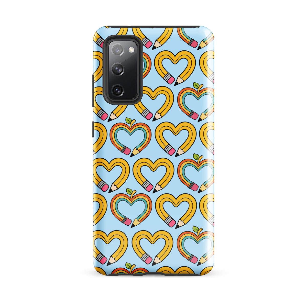 Phone Case for Samsung Galaxy with playful pencil-heart pattern and green leaves on blue background, symbolizes creativity and learning.