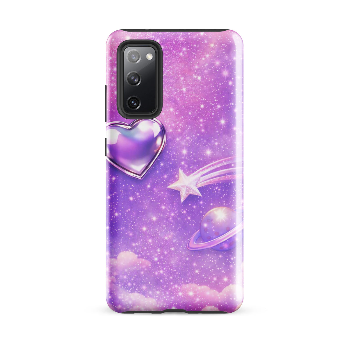 Phone Case for Samsung Galaxy with cosmic heart and shooting star design in purple and pink celestial scene.